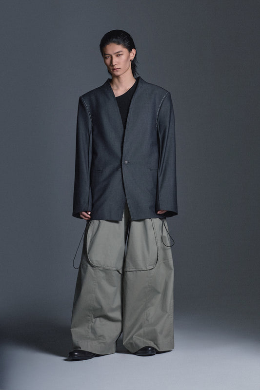 WOOL BELTED COLLARLESS BLAZER