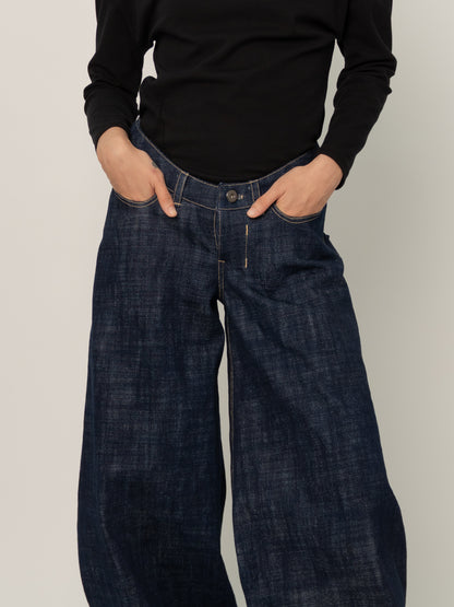 CURVED WAIST DENIM TROUSERS (INDIGO)