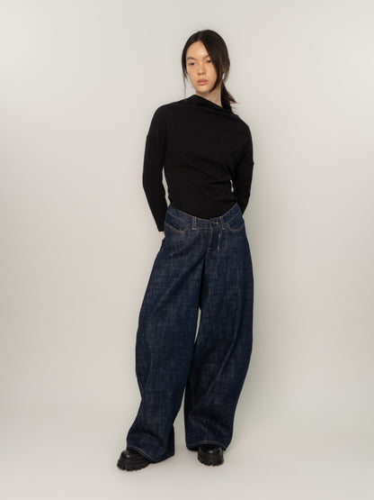 CURVED WAIST DENIM TROUSERS (INDIGO)
