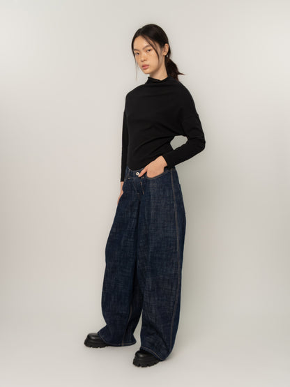 CURVED WAIST DENIM TROUSERS (INDIGO)