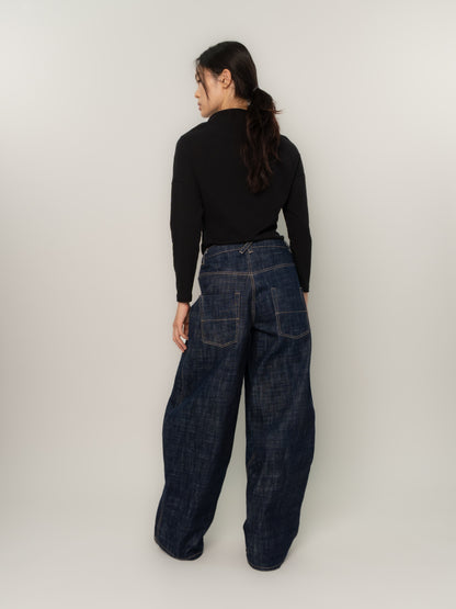 CURVED WAIST DENIM TROUSERS (INDIGO)