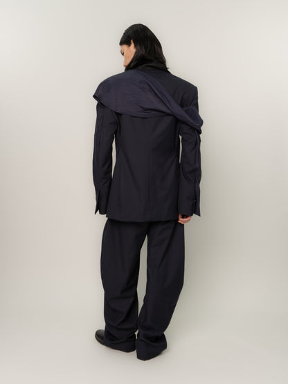 HUNCHED DRAPE DOUBLE BREASTED BLAZER (NAVY)