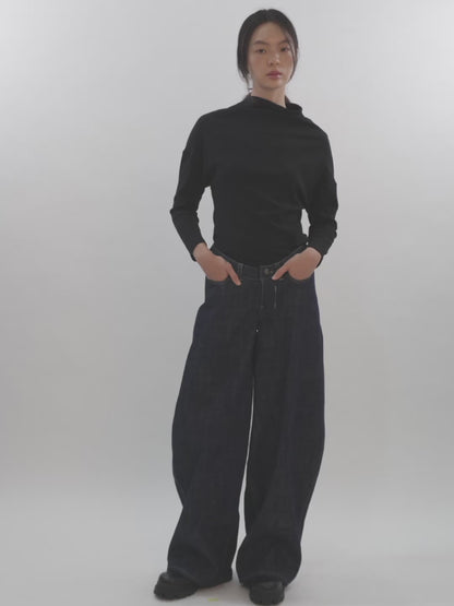 CURVED WAIST DENIM TROUSERS (INDIGO)